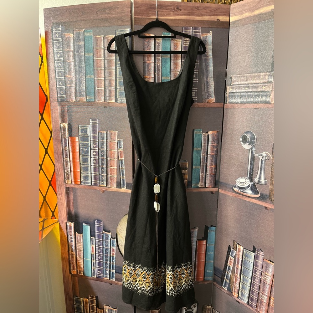 Y2K Positive Attitude Black sleeveless Tribal designs @ Hem Midi Dress Sz 16